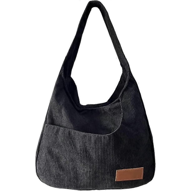 Women Corduroy Wide Shoulder Strap Hobo Bag Shoulder Bags Shopper Handbag Casual Underarm Bag Black
