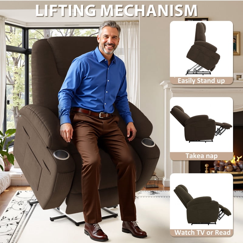 Lacoo Power Lift Recliner Chair with Massage Ergonomic Chair for Elderly with Infinite Position Side Pocket, Linen Brown