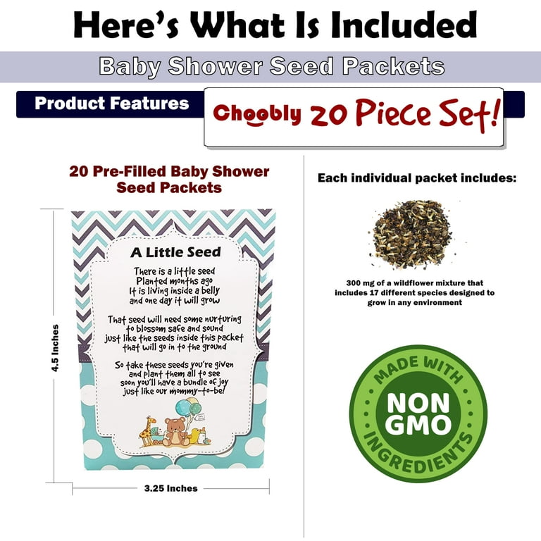 Choobly | Boy Baby Shower Favors for Guests | 20 Wildflower Seeds Packets | Pre-Filled | Bouquet Wildflower Mix | Non-GMO Seeds | Seed Pack Party