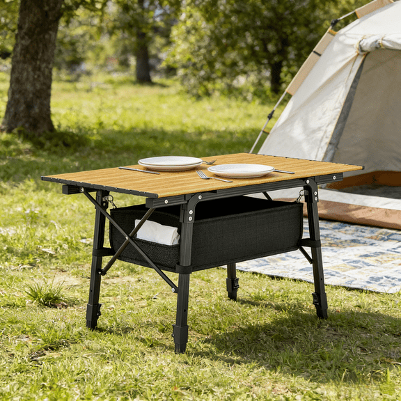 Adjustable Height Folding Camping Table Portable Aluminum Roll Top Table with Storage Basket for Outdoor Picnic Beach BBQ Tailgating Backyard Fishing Lightweight 35.4x21.7 Inch Brown Carry Bag