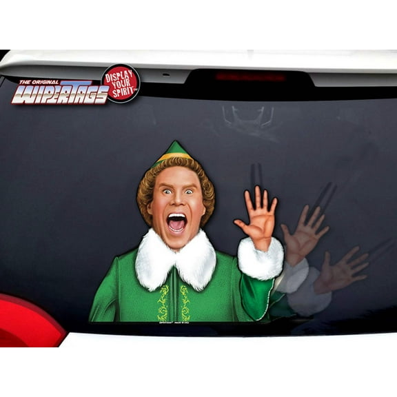 Jolly the Elf Waving Arm WiperTags for Christmas attaches to rear vehicle wiper blades. Made in USA.