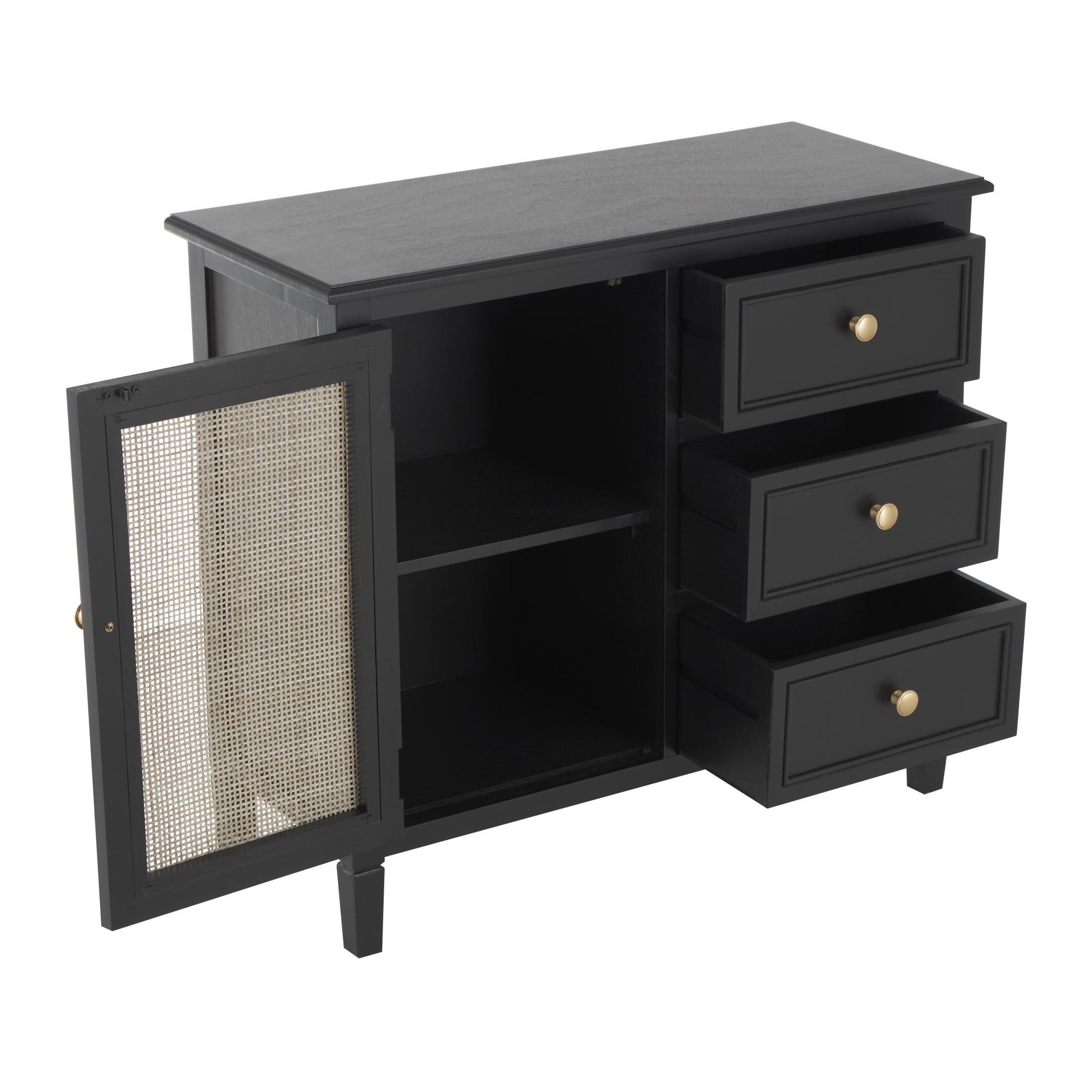 DecMode 30" x 26" Black Wood Handmade 1 Door and 3 Drawers Cabinet with Rattan Front, 1-Piece