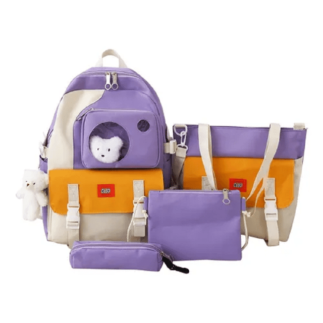 Set de 4 Mochilas y Bolsa Escolar Malubero Morado