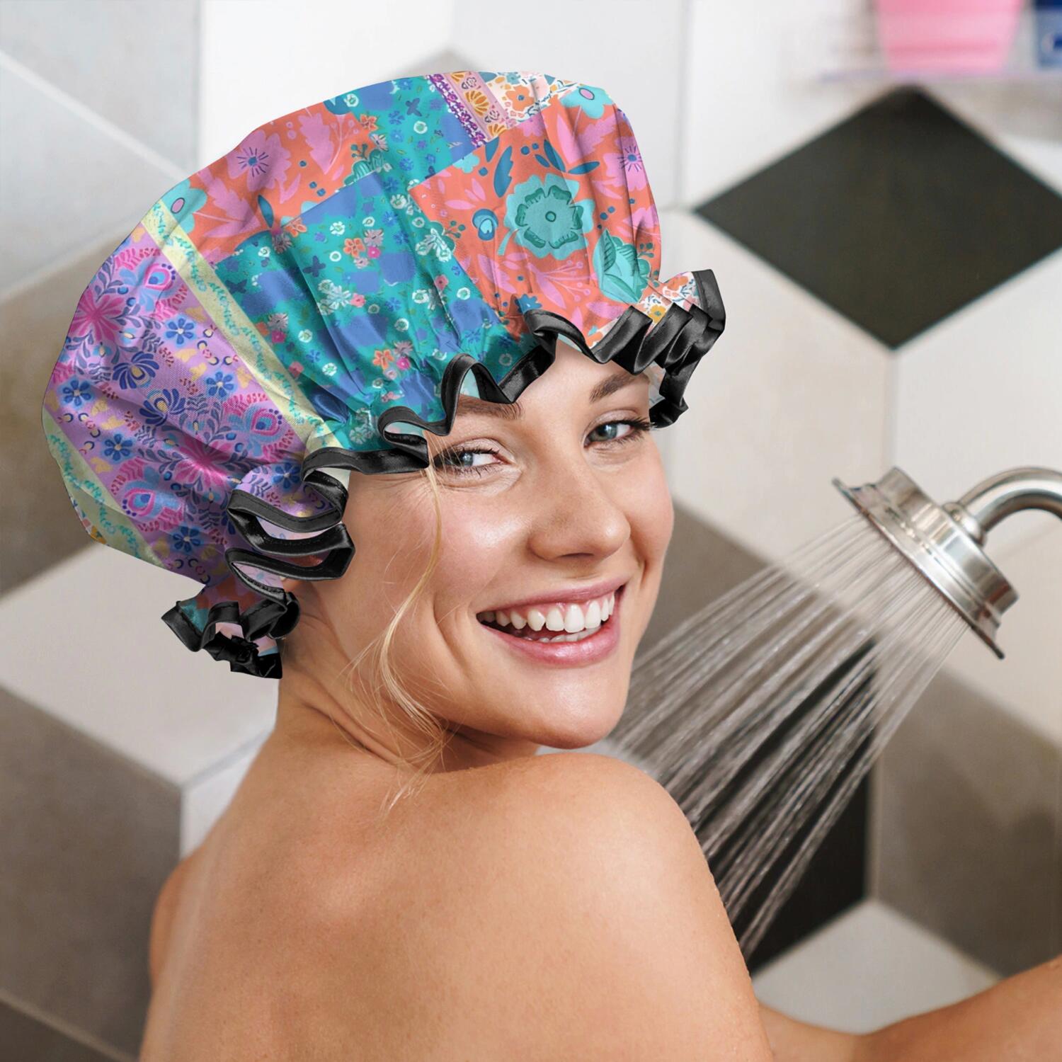 Shower Caps,Multicolor Ethnic Flower Patchwork Pattern Waterproof Shower Cap for Women 4 Pieces,Double Reusable Hair Cover for Shower PEVA Elastic Stretch Hem