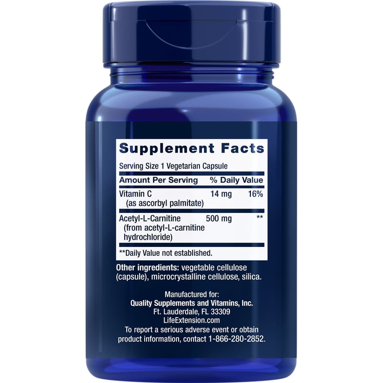 Life Extension Acetyl-L-Carnitine Amino Acid, 100 Capsules, 3-month supply for Brain & Nerve Health