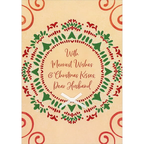 Designer Greetings Merriest Wishes and Christmas Kisses, White Bow Inside Green and Red Foil Circles 3D Hand Decorated Christmas Card for Husband