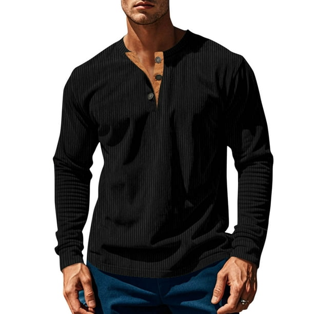 pstuiky Camisas de manga larga abrigadas para hombre, Camisa informal de moda para hombre, con cuello en V y mangas, transpirable Tops de hombre xl
