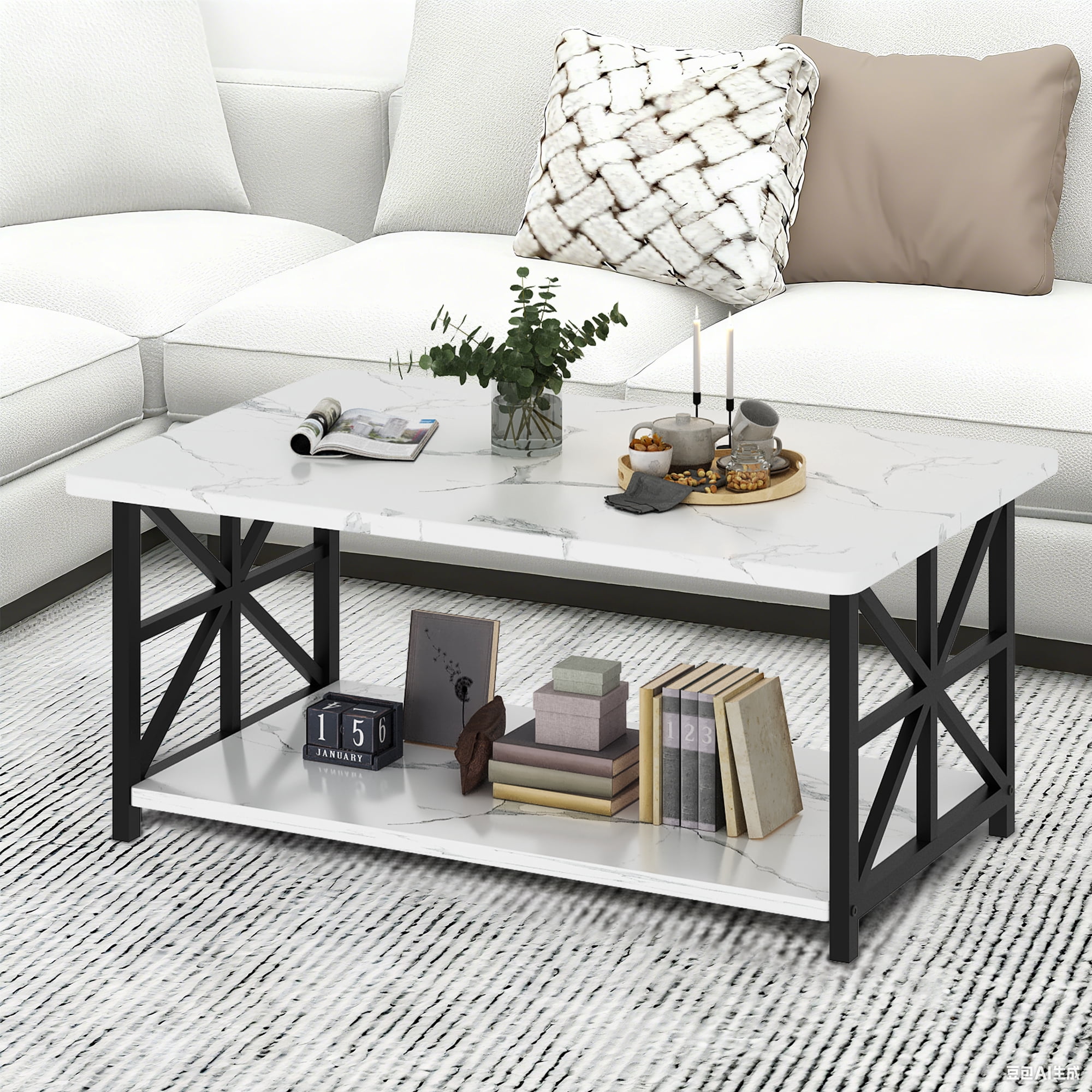 Cvortll Coffee Table Round Corners, 2 Tier Living Room Table with Storage Shelf, Rectangular Tabletop Center Desk for Small Spaces, White