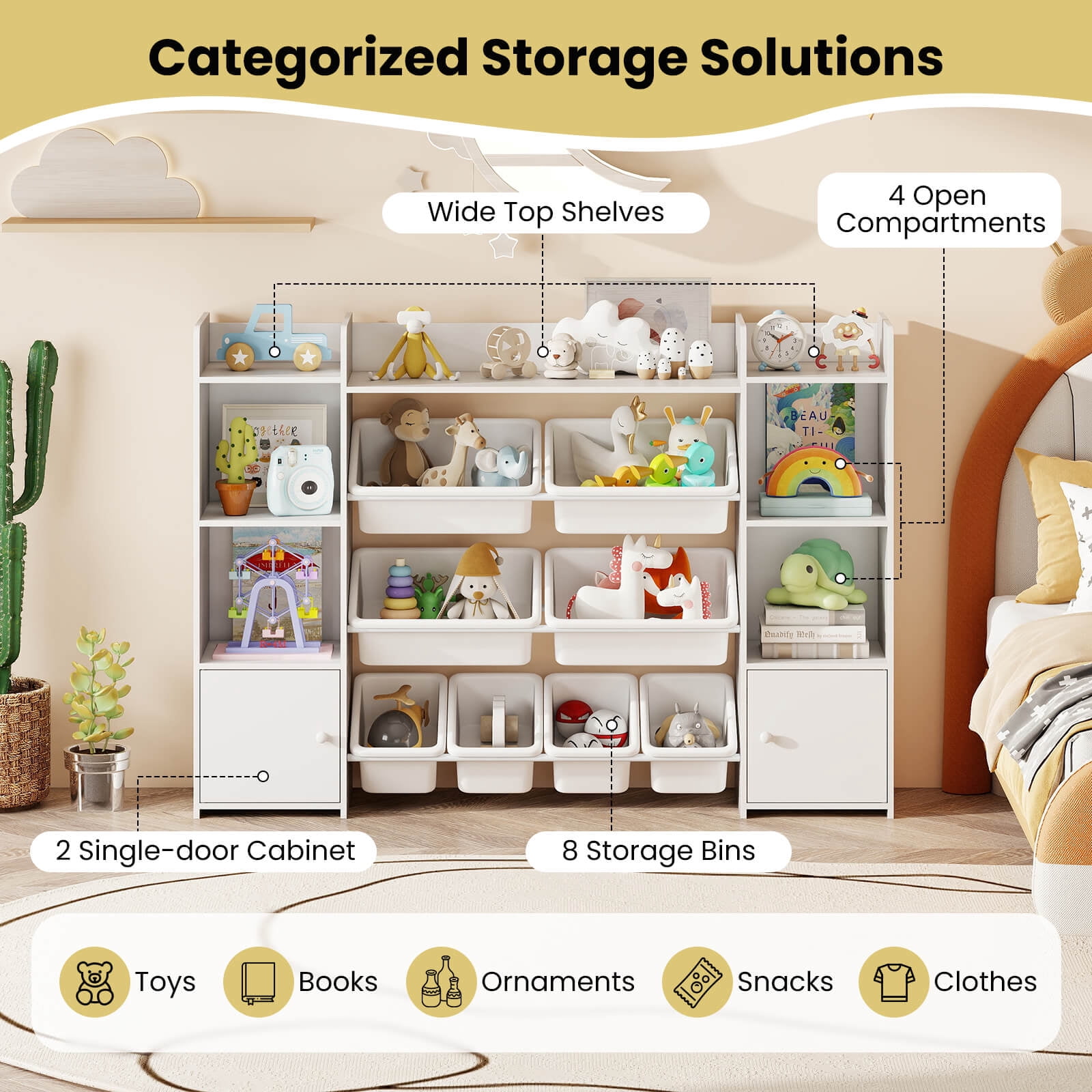 Costway 4-Tier Large Storage Cabinet with 6 Cubbies & 8 Removable Bins Bookshelf White