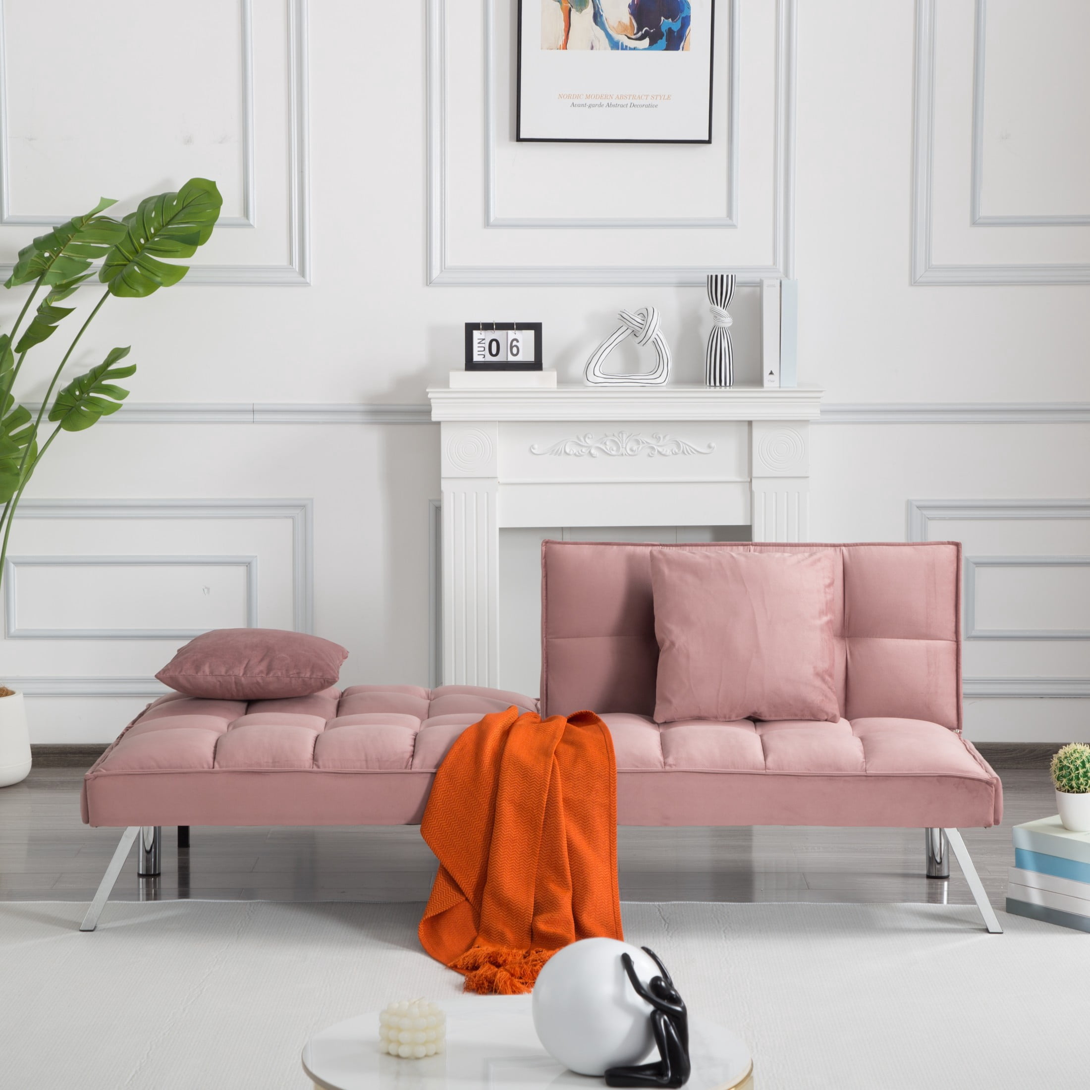 BSHTI 73 inch Modern Futon Sofa Bed with 5-Angle Adjustable Backrest, Pink Velvet Upholstery, Twin Sleeper for Home, Office, Guest Room