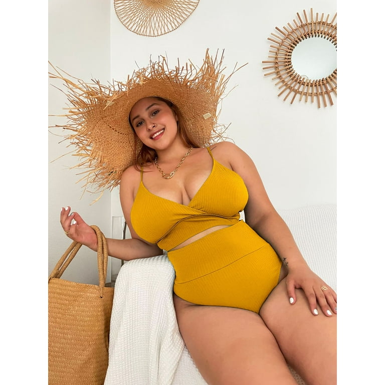 Womens swimwear high waist bikini set solid color plus size Big Breast  swimsuit strappy sexy bather Swimming Wear Bathing Suit 