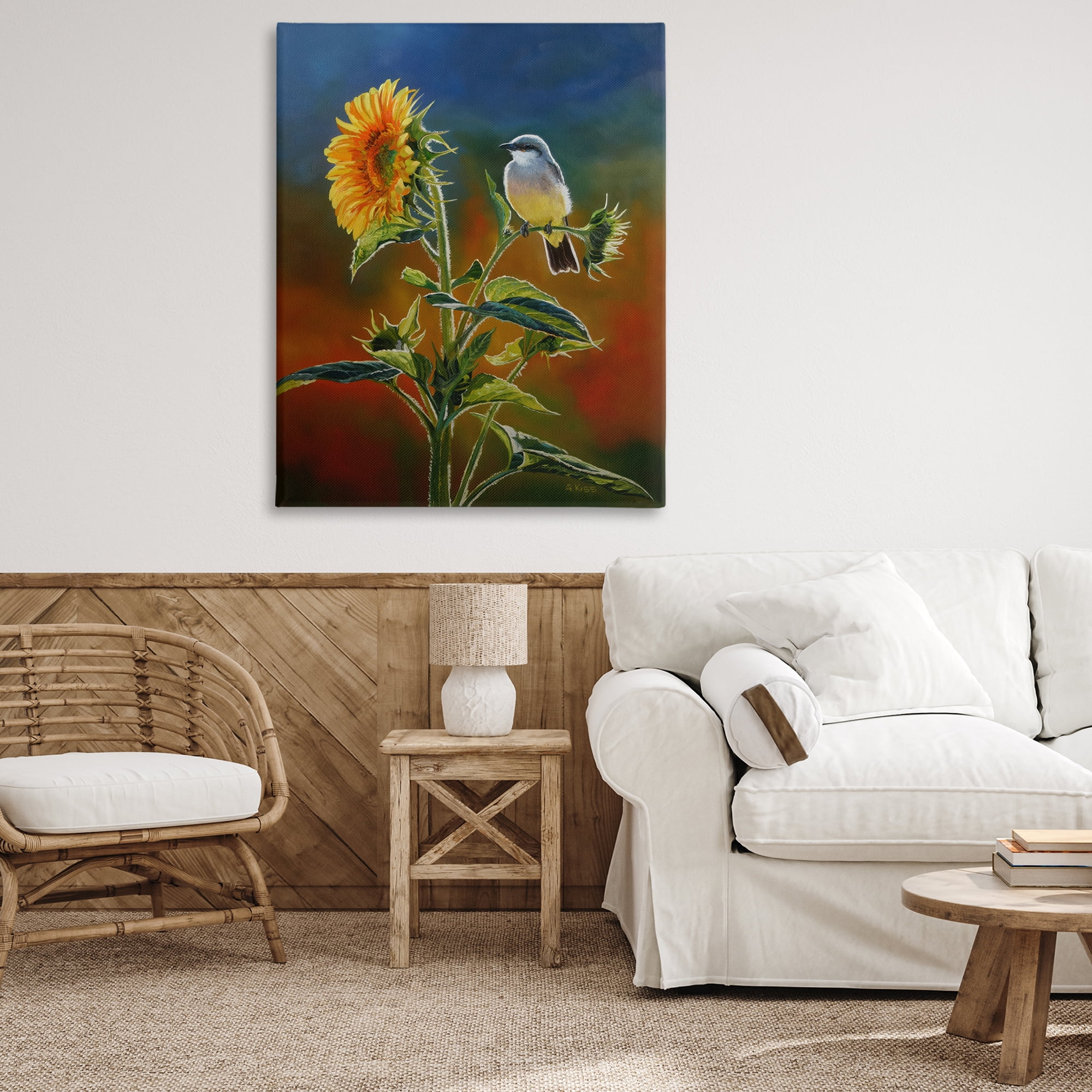 Stupell Industries Western Kingbird & Flower Plants & Flowers Painting Wrapped Canvas Art Print Wall Art, 36 x 48