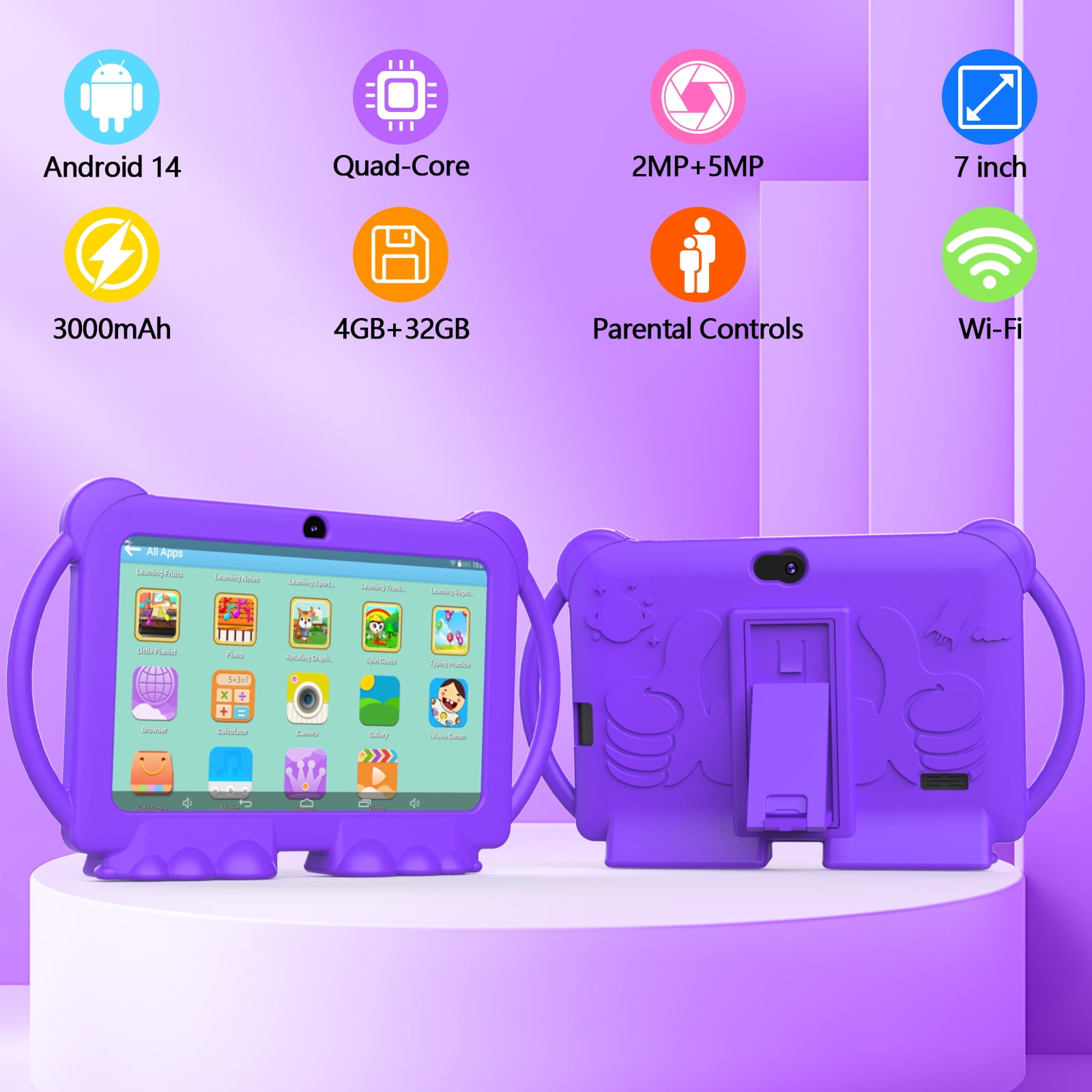 Kids Tablet 7 Inch Android Toddler Tablet with Protective Cover, 4GB RAM + 32GB ROM, WiFi &BT, Dual Camera, Pre-Installed Educational Games & Parental Control, IPS Touch Screen