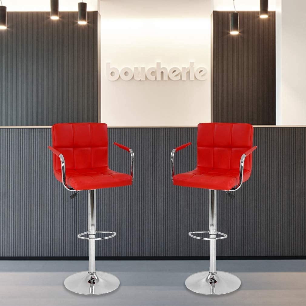 Set of 2 PU Leather Bar Stools Armrest Counter Stools Swivel Square Counter Height Barstools with Armrest Adjustable Hydraulic Bar Chairs with Upholstered Back & Seat, Red