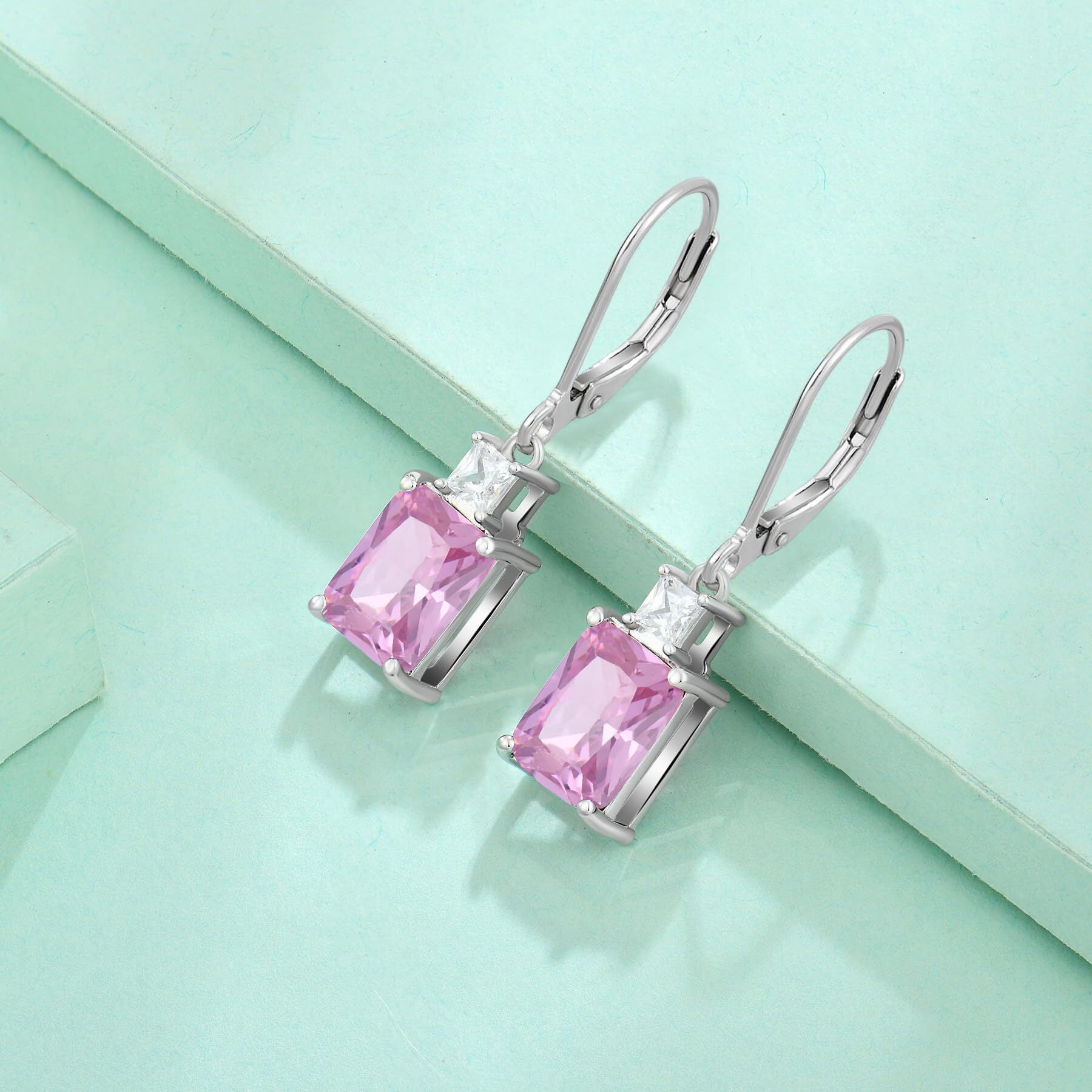 Starchenie Princess/Emerald Brilliant Cut Birthstone October Pink Tourmaline Earrings for Women Dangle Earrings Sterling Silver Leverback Earrings Birthday Anniversary Jewelry Gift