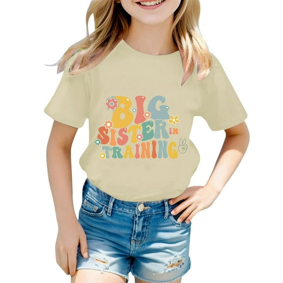 Gunia Big Sister Shirts for Girls Children Fashionable Casual Letter Round Neck Short Sleeved T Shirt Top,Beige 1-2 Years