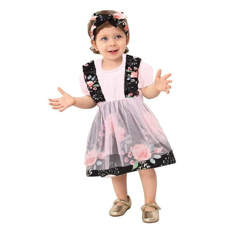 

QWERTYU Infant Baby Toddler Tulle Bubble Summer Short Sleeve Clothing Set Floral and Set Outfits with Headband for Girl 3M-18M