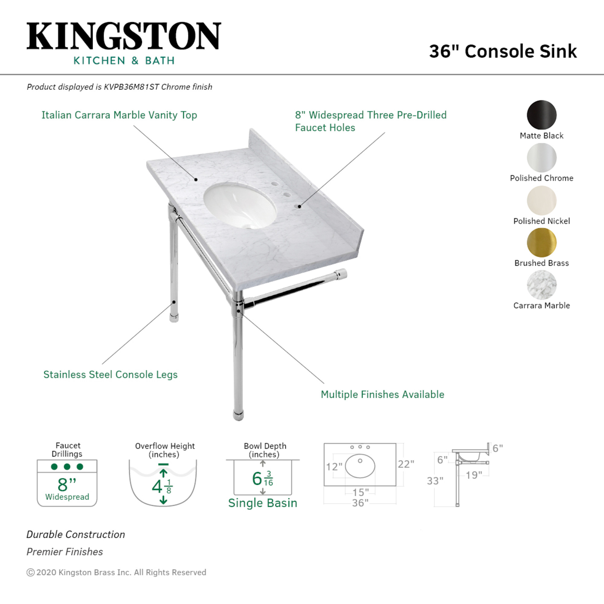 Kingston Brass KVPB36M86ST Dreyfuss 36" Carrara Marble Vanity Top with Stainless Steel Legs (8-Inch, 3-Hole), Carrara Marble White/Polished Nickel