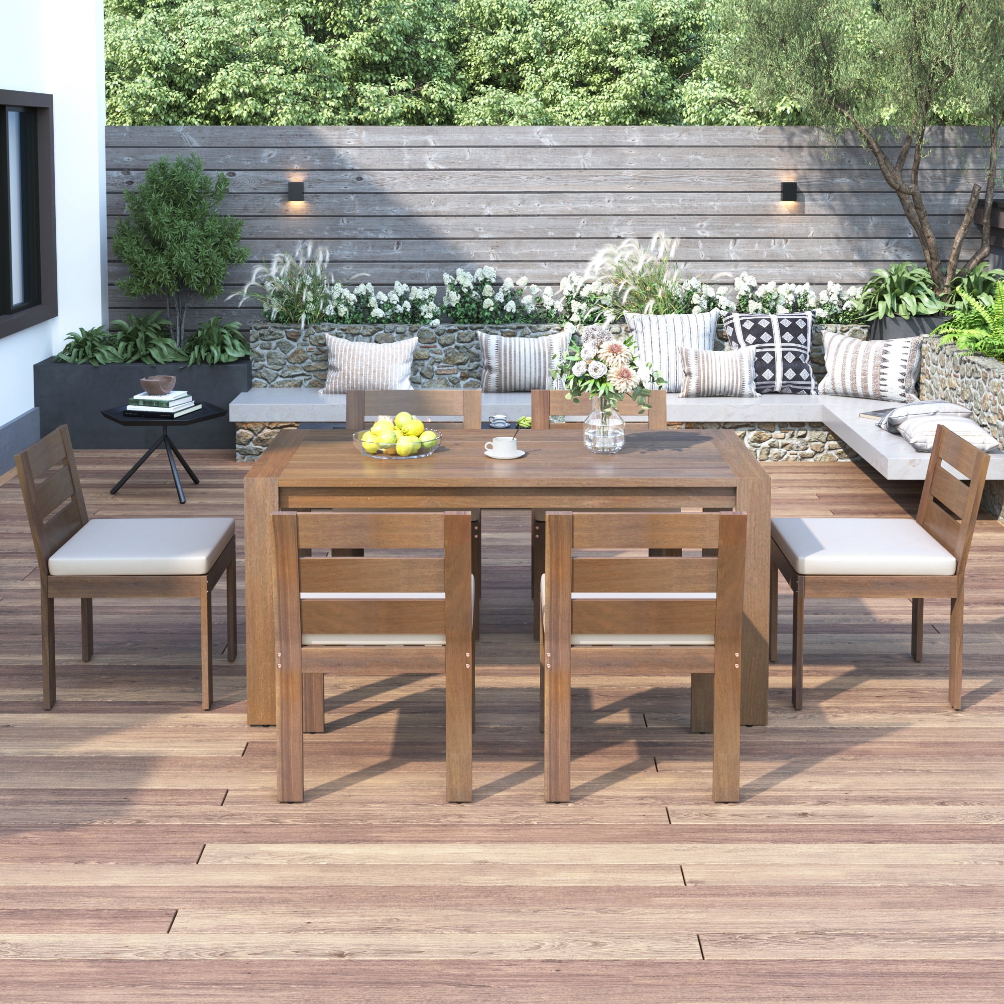 MAYEERTY 7-Piece Acacia Wood Outdoor Dining Set – Patio Table and Chairs with Cushions, Ideal for Balcony, Backyard, or Garden, Natural Finish
