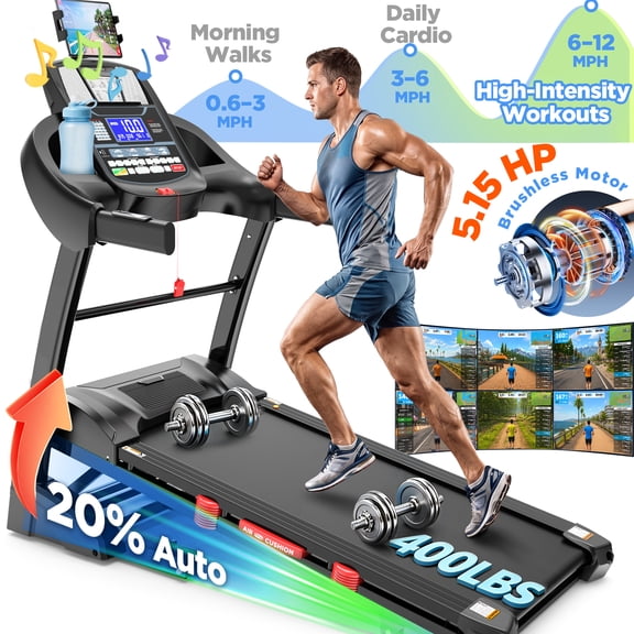 Folding Treadmill with 20% Auto Incline, 5.15HP Portable Treadmill for Home with Handle, Foldable Treadmill 300-400 lb Weight Capacity, Free Courses, Walking Jogging Running Exercise Machine