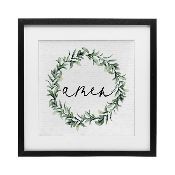 Amen Botanical Wreath & Script Black Framed Print Under Glass, design by Lettered and Lined