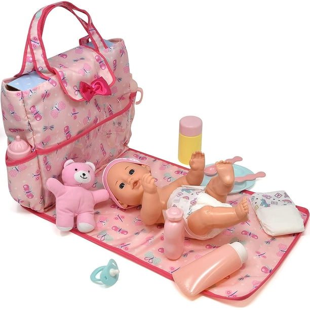 Sac à langer pour poupée avec accessoires, kit de soins pour poupée  comprenant une bouteille de lait magique, une bouteille de jus, des  couches, une assiette d'alimentation, une tétine, un ours en