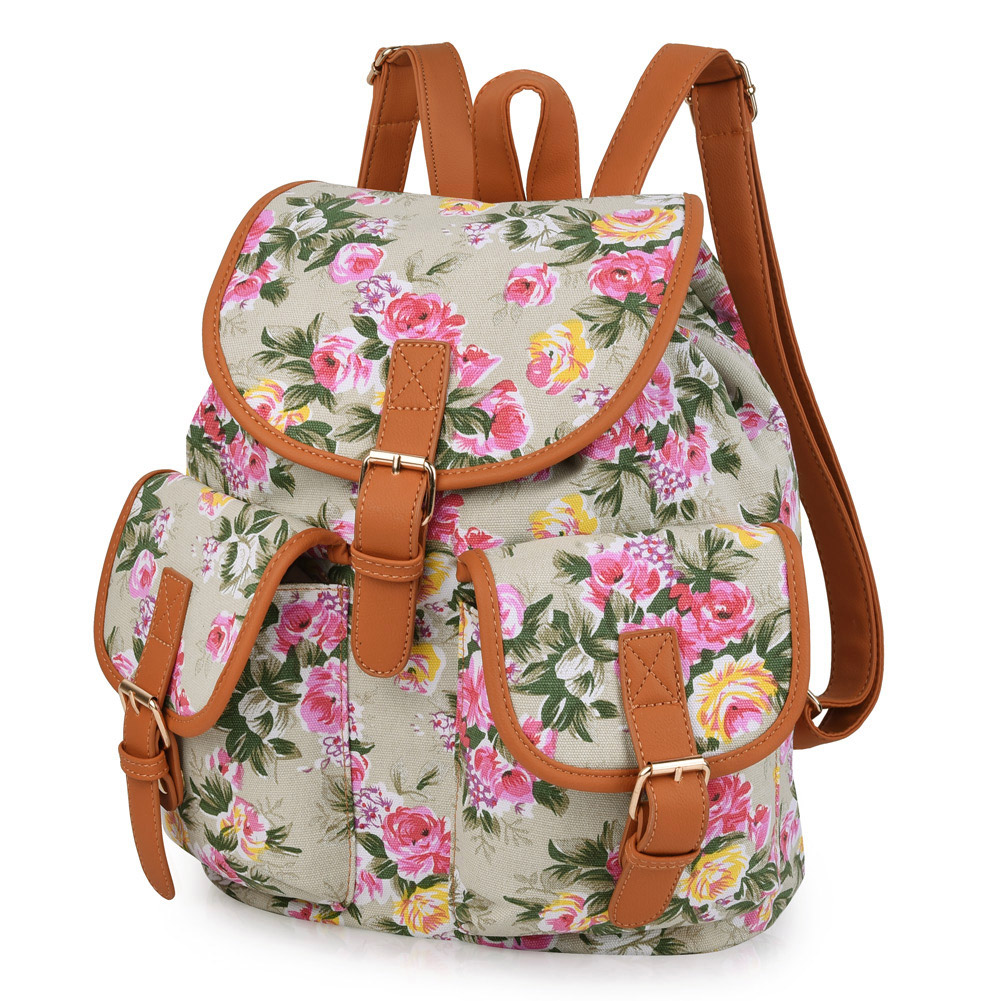 Vbiger Casual Flowers Canvas Backpack Floral Print Shoulder Bag for