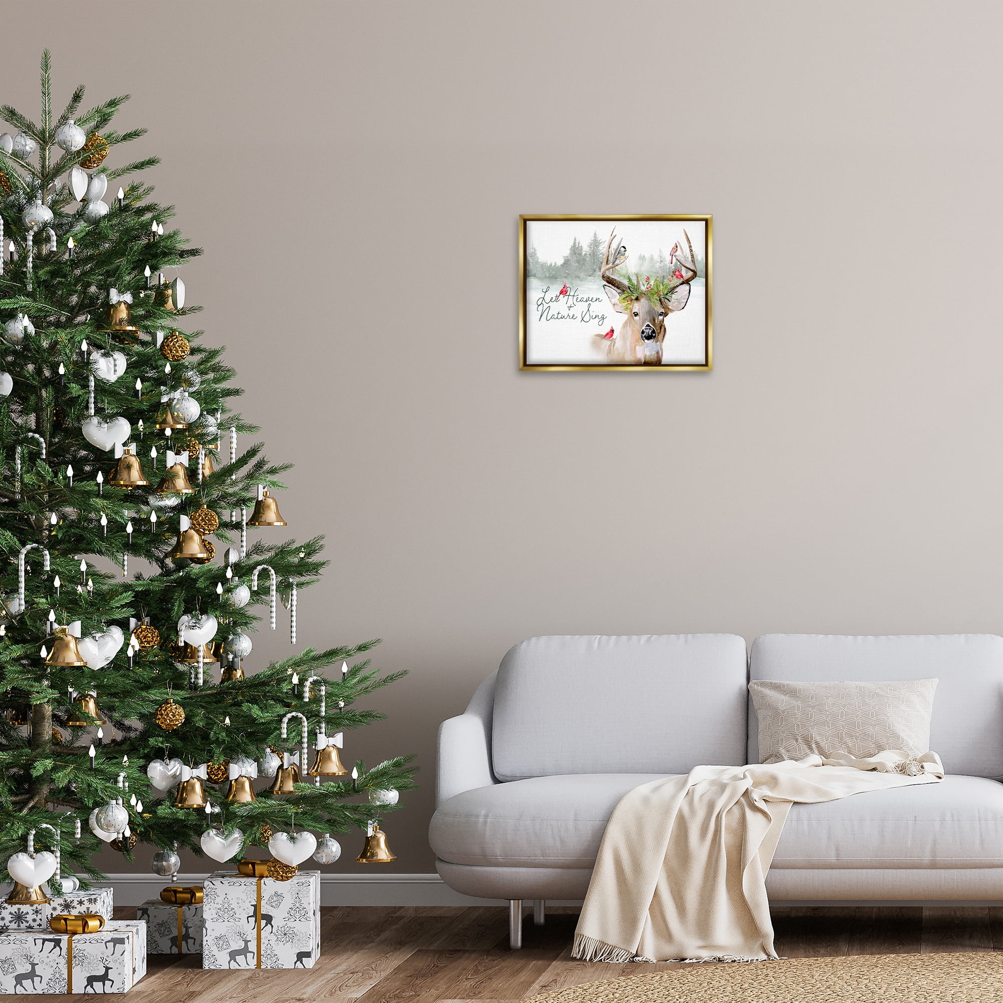 Stupell Industries Motivational Winter Reindeer Animals & Insects Painting Gold Floater Framed Canvas Art Print Wall Art, 21 x 17