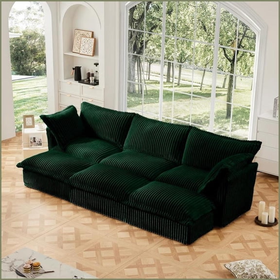 3-Seat Modern Corduroy Sofa | Green | Solid Wood Frame | Washable Covers | Living Room Movie Night Couch