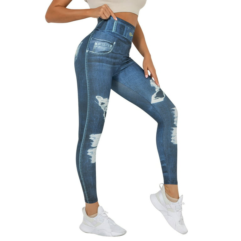 women leggings tummy control for work Women's Denim Print Jeans Look Like  Leggings Stretchy High Waist Slim Skinny Jeggings 
