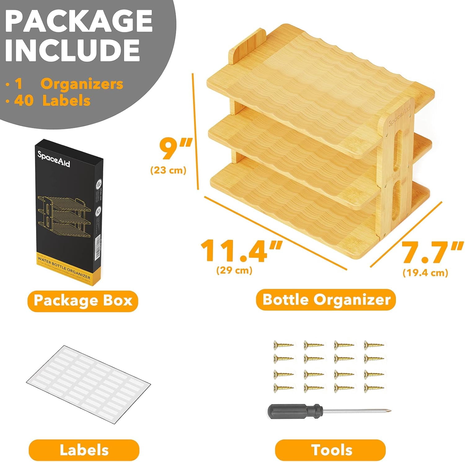 SpaceAid Bamboo Water Bottle Organizer with Labels, 3-Tier Stackable Bottle Holder