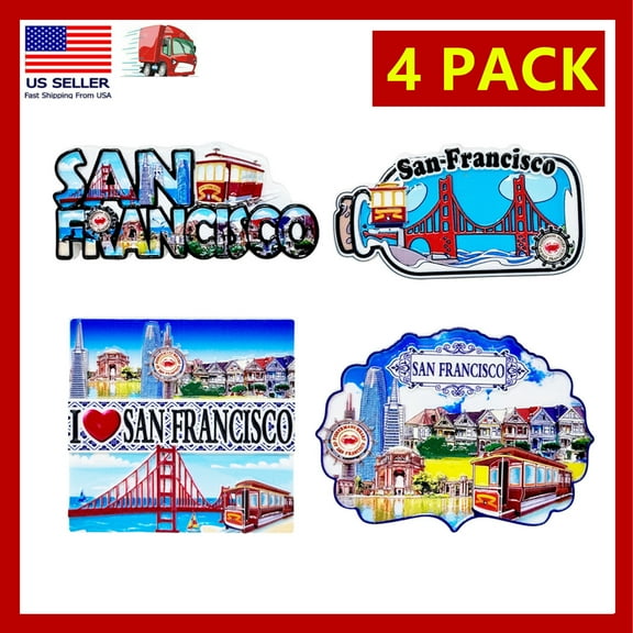 4 Pack San Francisco Fridge Magnets – 3D Souvenir Refrigerator Magnet Set with Golden Gate Bridge, Cable Car, Painted Ladies, Palace of Fine Arts – California Travel Gifts, City Decor, Collectible