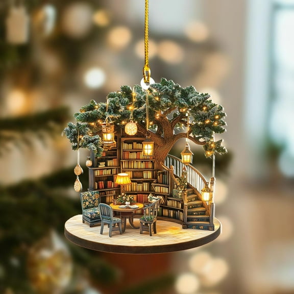 Book Tree Christmas Ornament: 2D Flat Acrylic Bookshelf Decor