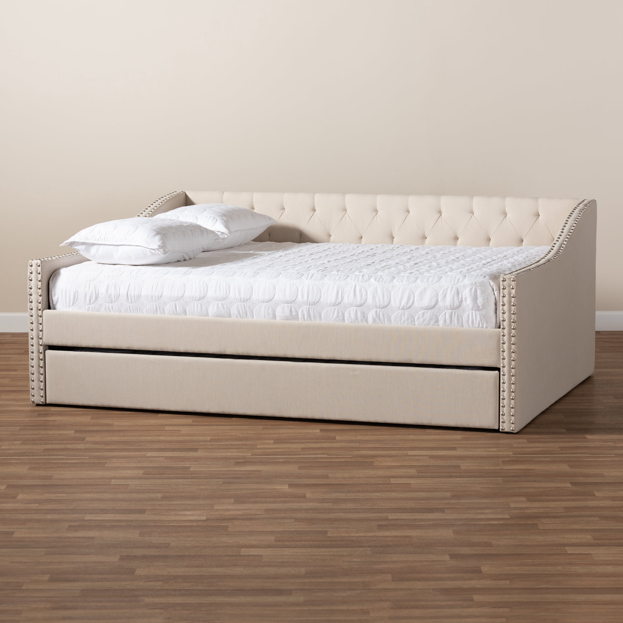 Baxton Studio Haylie Beige Upholstered Queen Size Daybed with Roll-Out Trundle Bed