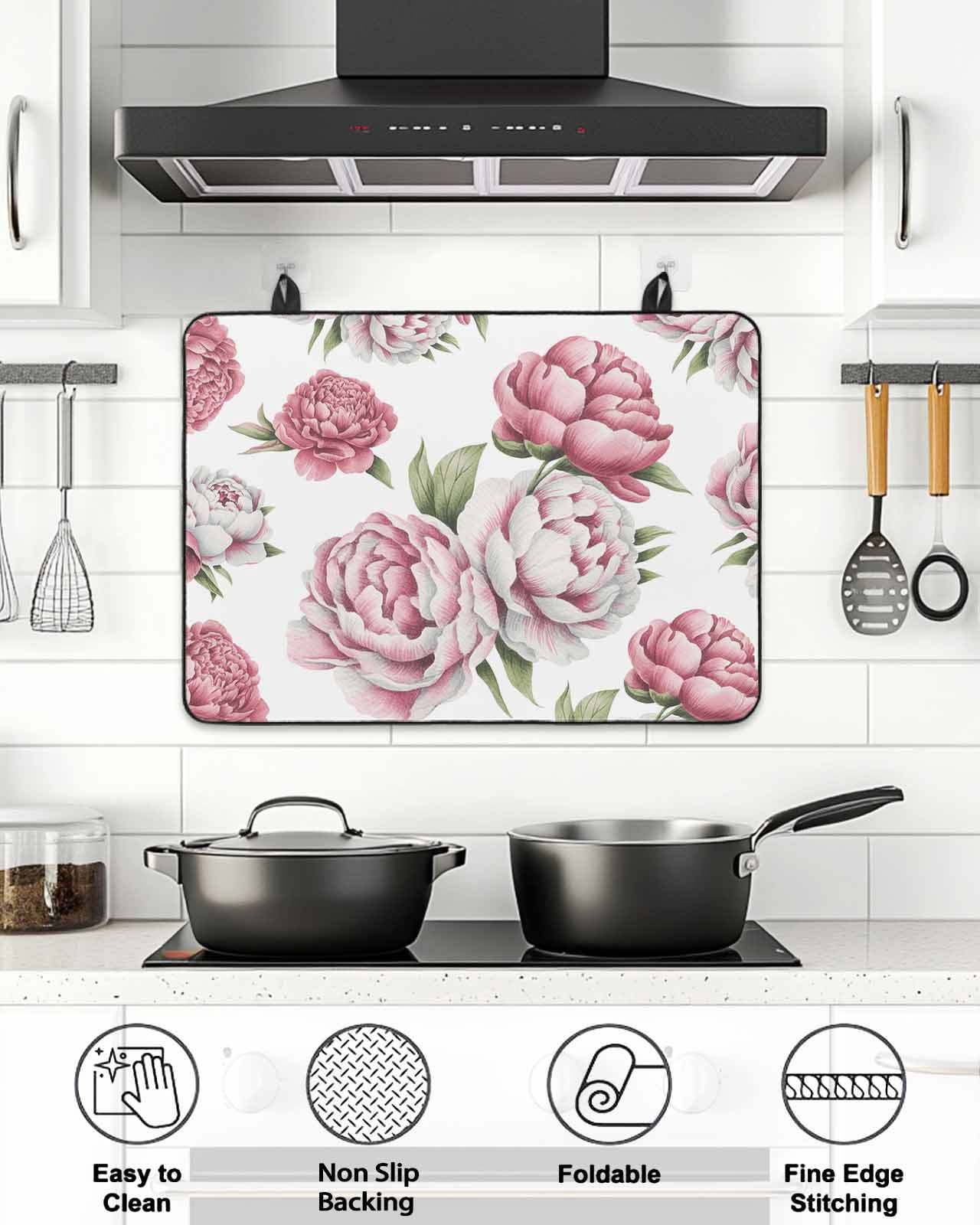 Stove Top Covers for Electric Stove, Pink Floral Glass Stovetop Cover Protector, Spring Summer Modern Flower Leaf Induction Cooktop Protector Oven Mat for Kitchen Countertop 24"x21"