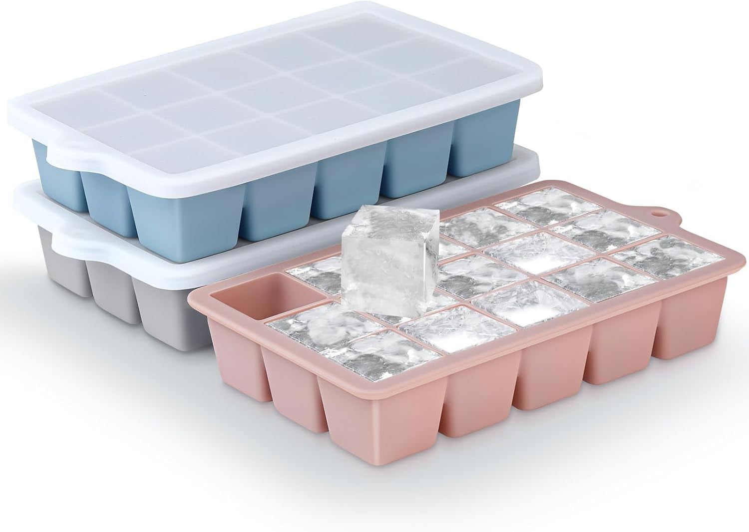 Silicone Ice Cube Trays 3Packs, Easy Release Ice Cube Molds with Lid, Freezer Stackable Ice Maker for Whiskey, Baby Food, BPA Free (Grey)