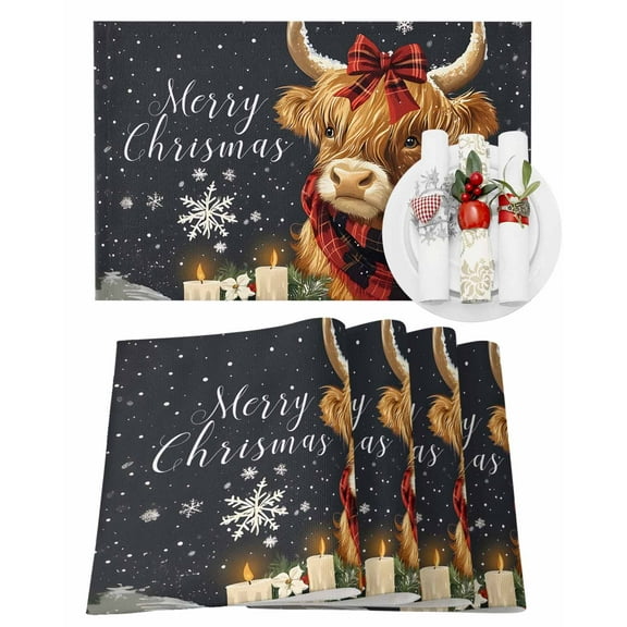 Snowflake Highland Cow Placemats Set of 4 Candle Pine Tree Merry Christmas Heat Insulation Washable Place Mats, Rustic Non-Slip Table Mats for Dining Table Party Kitchen Decor,13x19 Inch