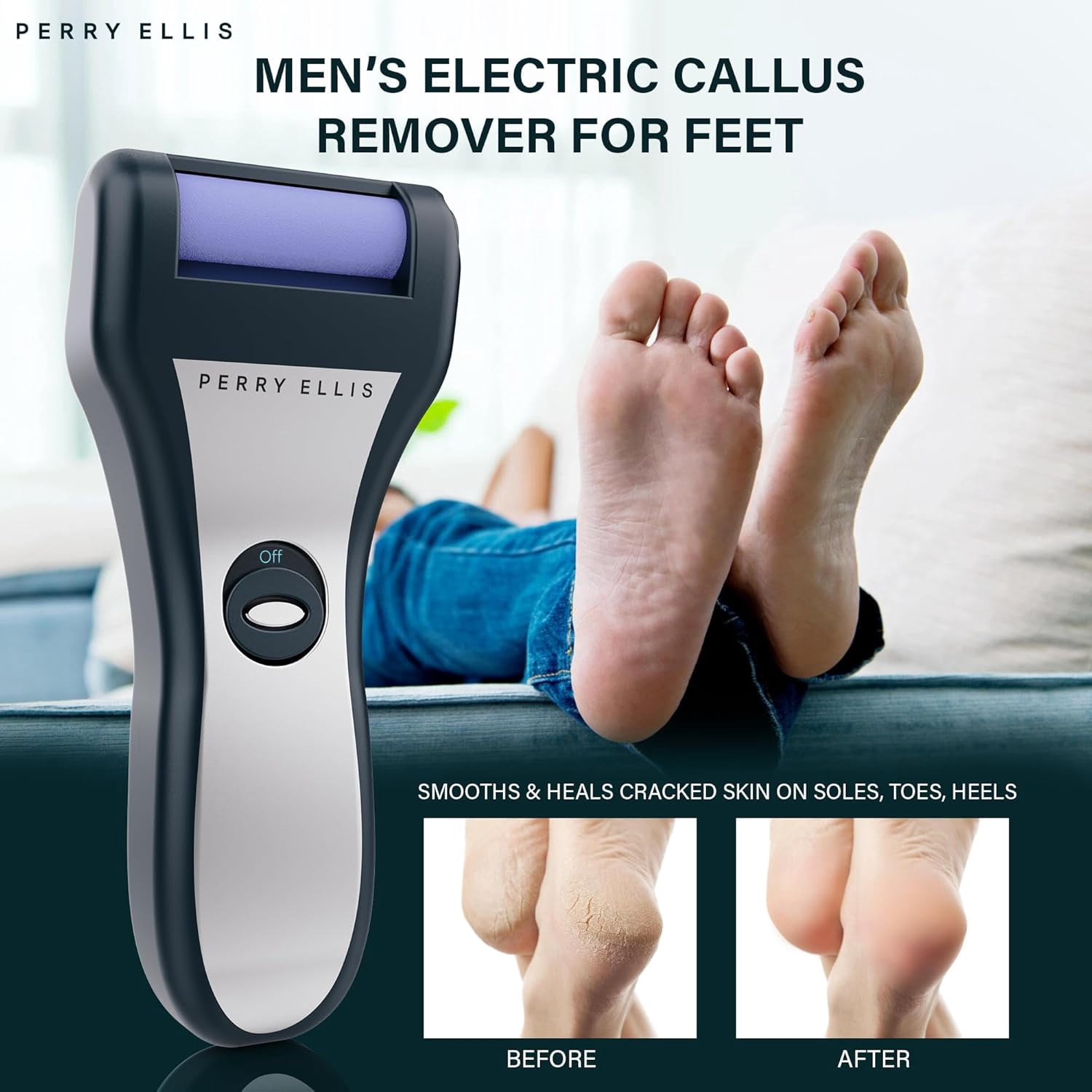 Perry Ellis Electric Callus Remover for Feet, Battery-Operated Foot-File Kit with 3 Pumice-Stone Heads, Cleaning Brush, Protective Cap, and Child-Safety Lock, 2,000 RPM, 2 AA Batteries Required