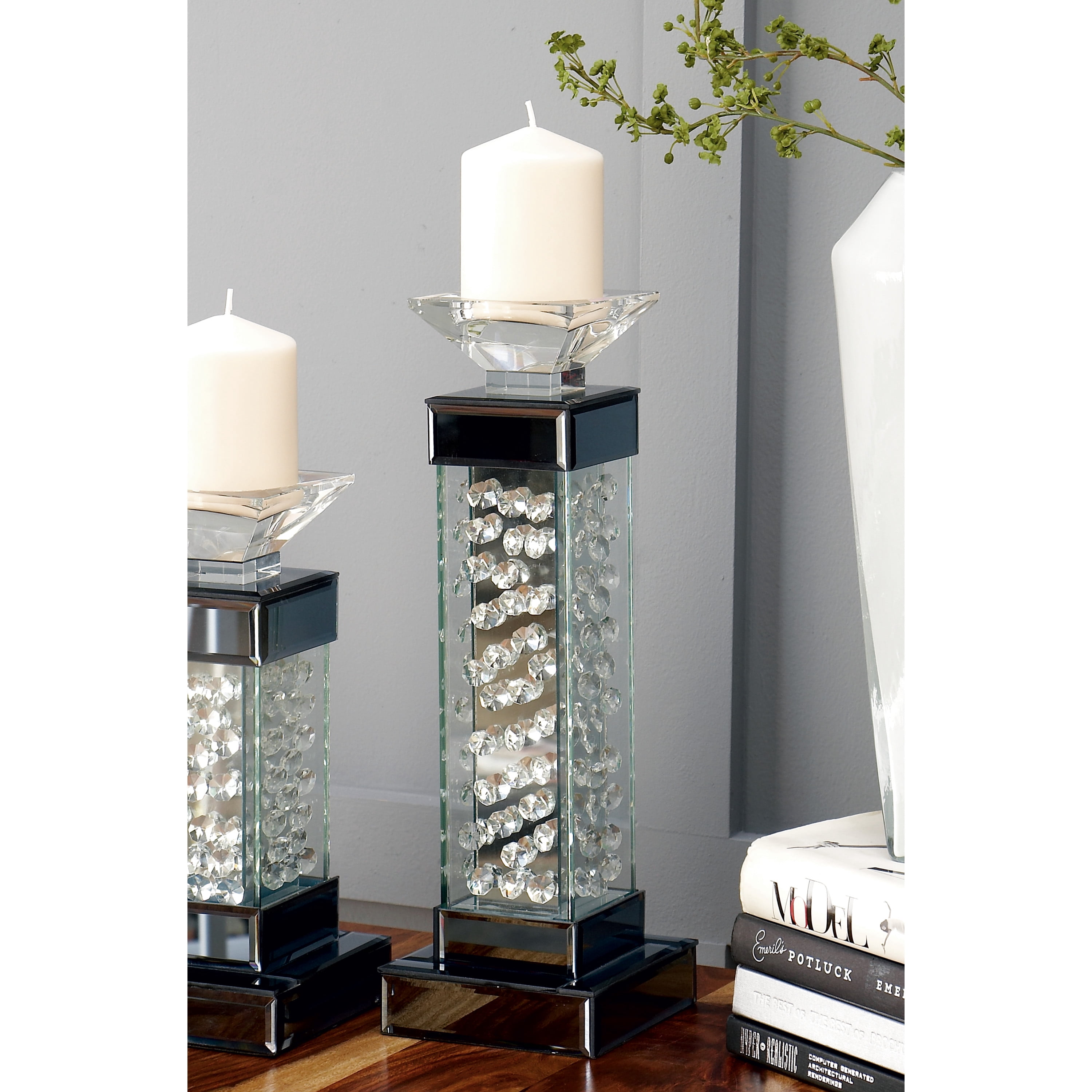 DecMode Silver Glass Pillar Candle Holder with Floating Crystals