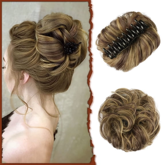 Synthetic Claw Clip Messy Bun Hair Piece Wavy Curly Hair Extensions Scrunchie Tousled Updo for Women Blonde Mixed Platinum