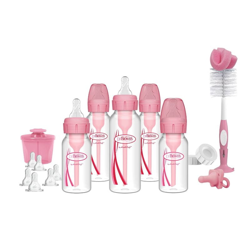 Anti-Colic Baby Bottle Newborn Gift Set for 0-6 Months with BPA-Free Narrow Bottles, Silicone Nipples, Breast Pump Compatibility and Vent System to Reduce Gas, Spit-Up and Colic, Pink