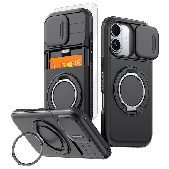 Dteck Case with Tempered Glass Screen Protector for iPhone 16,Shockproof TPU PC Case Card Holder with Ring Kickstand Slide Lens Protection Cover,Black