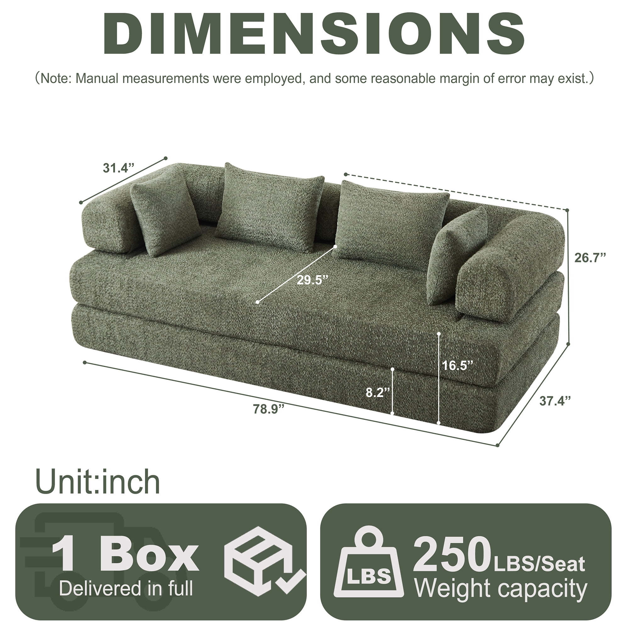 Sleeper Sofa 78.9 Inch with Chenille Fabric and Modular Design, Convertible Floor Sofa Bed and Folding Mattress Couch with Removable Armrests, Green