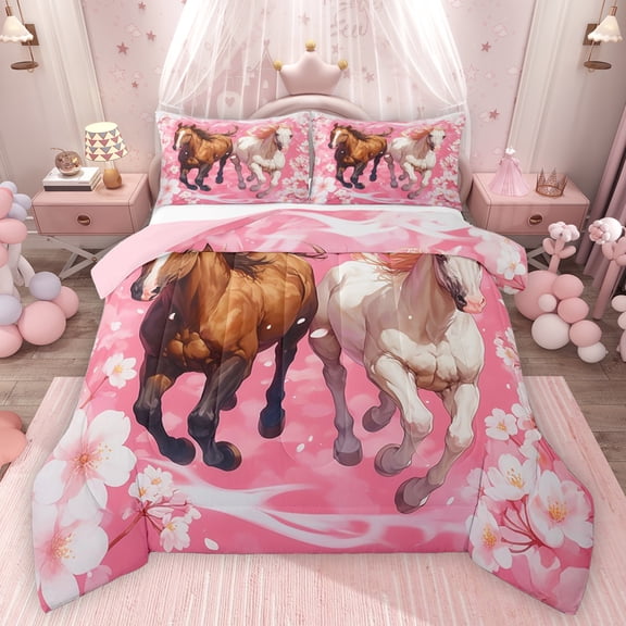 Feelyou Cartoon Racing Horse Bedding Comforter Set, Spring Cherry Blossoms Twin Comforter Sets, Kawaii Animal Pink Reversible Bedding Set, Breathable Home Decor, 2 Pieces