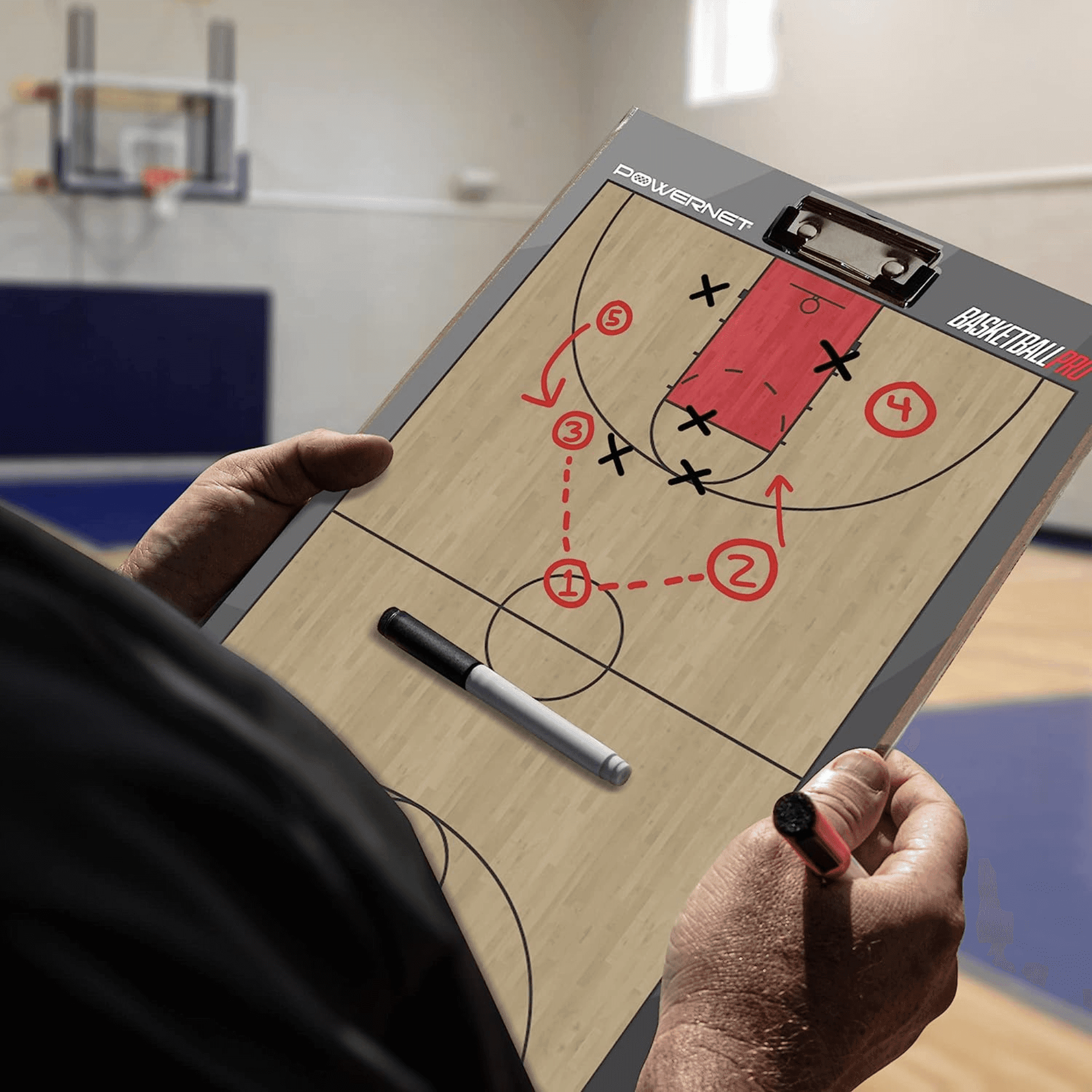 PowerNet Basketball Magnetic Coaching Clipboard, Double Sided Dry Erase Board Clipboard, Basketball Whiteboard with Line Up Chart, Weatherproof Coach Clipboard, Includes 2 Dry Erase Markers