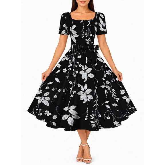 Women'S Casual Summer Dresses Silver Leaves Square Neck Short Sleeve Belted A-Line Midi Dress
