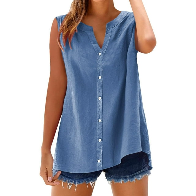UPPADA Womens Button Down Tank Tops Plus Size V Neck Tees Shirts Solid Flowy Hem Blouses Sleeveless Summer Blouses Blue,2XL