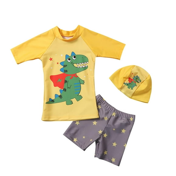 Yanlir 1-8Years Boys' Summer Print Swimsuit Set with Short Sleeve Top,Swim Trunks,and Hat Lightweight,Breathable and Perfect for Every Summer Adventure(Yellow#1,3 Years)