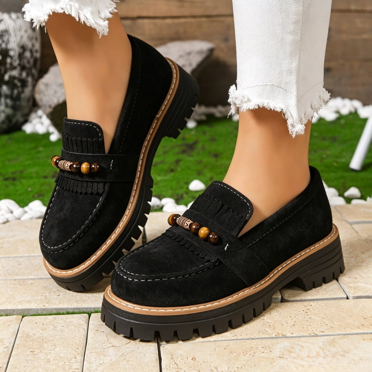 black beaded dress shoes Mostsola Women's Chunky Lug Sole Loafers Suede Boho 2026 Slip on Work Office Business Casual Size 6.5 the spectacular beaded shoes