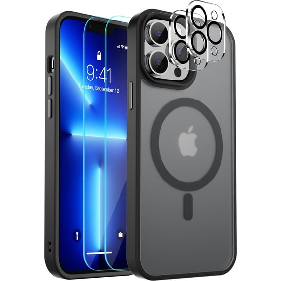Entronix 5-in-1 Magnetic Matte Case Compatible with iPhone 13 Pro Max with 2 Screen Protector and 2 Camera Lens Guard, Black